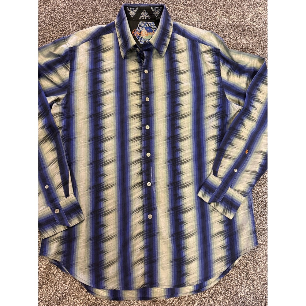 Robert Graham Mens Large Blue Ikat Stripe Long Sleeve Button Down Shirt Cotton